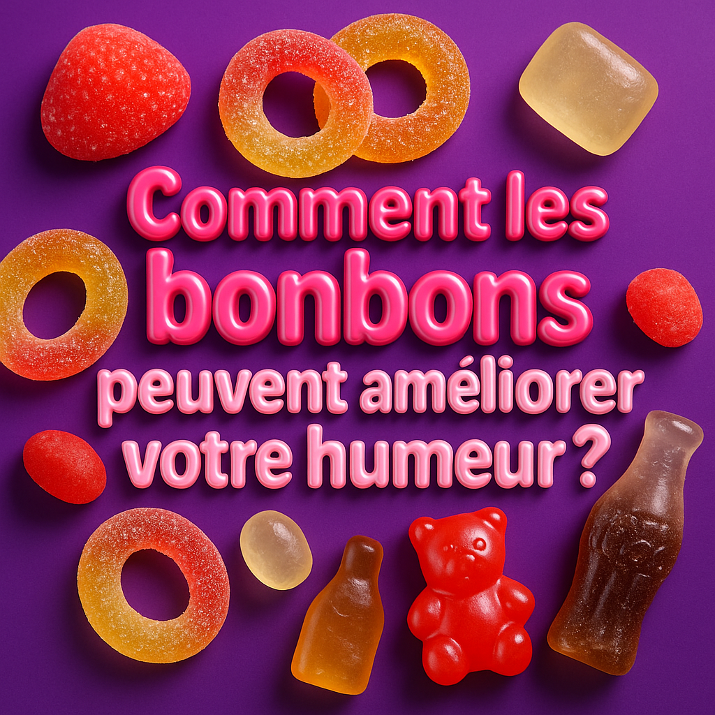 Illustration colorée de confiseries et smiley représentant comment les bonbons peuvent améliorer l’humeur